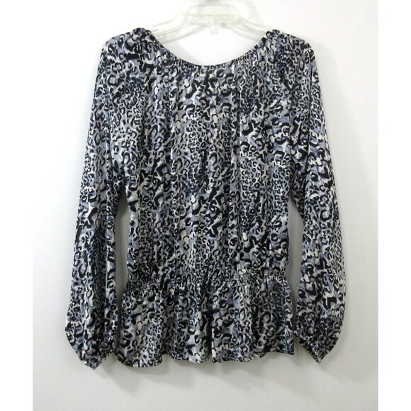 Ellen Tracy Womens Blouse Small Black Animal Print Gathered Peplum Silky Keyhole - Picture 2 of 10